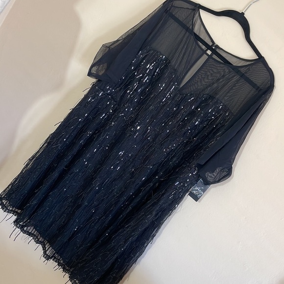 Torrid size 26 ILLUSION SLEEVE SKATER DRESS SEQUIN FRINGE BLACK - Picture 7 of 11